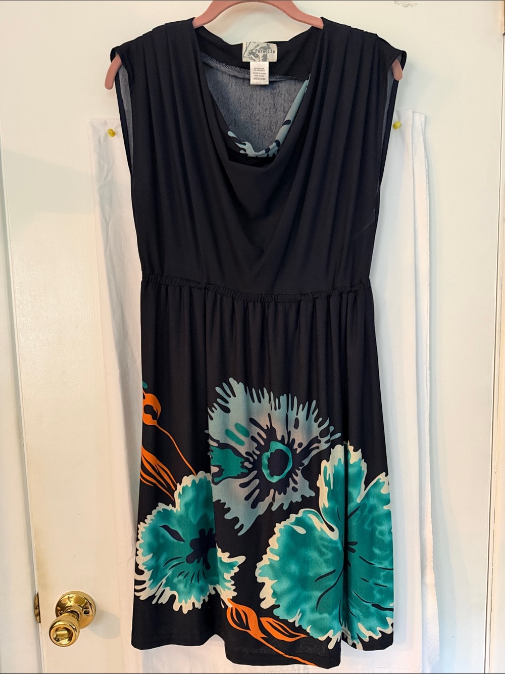 Black Floral Cowl Neck Dress with Teal Accents from Hawaii/Size M